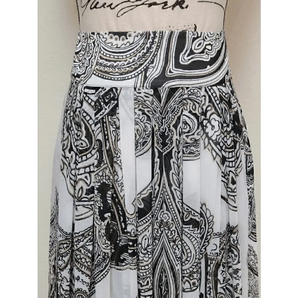 🖤🤍 WHITE HOUSE BLACK MARKET Paisley Black White Pleated Maxi Skirt SIZE S